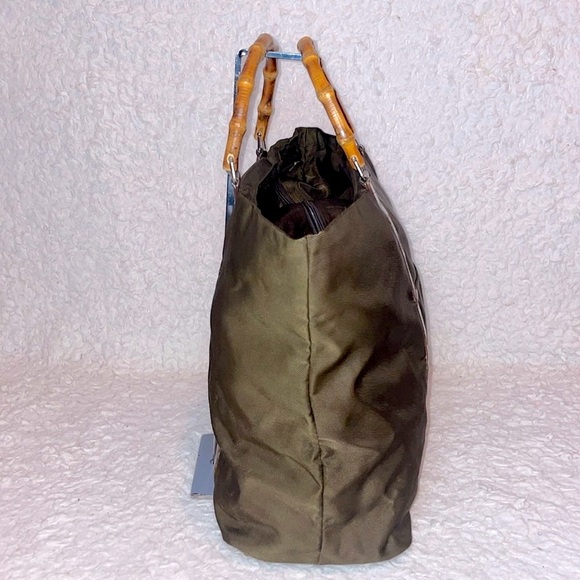 Gucci Vintage Bamboo Handle Nylon Leather Large Shopper Tote Olive Green Brown - Picture 4 of 15